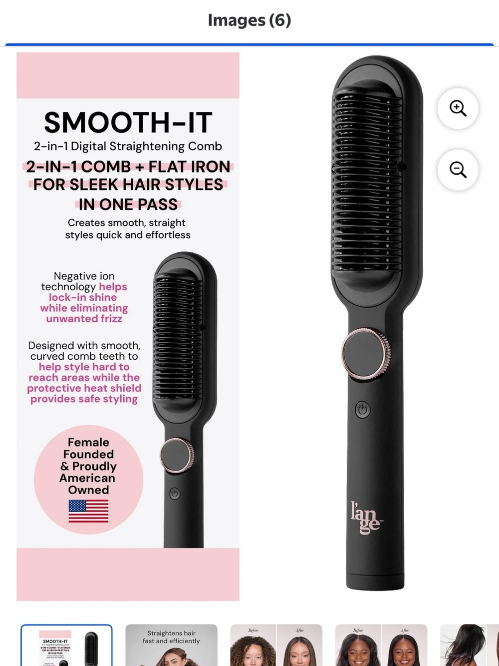 Lange SMOOTH-IT Black Straightening Brush with Rose Gold Accent